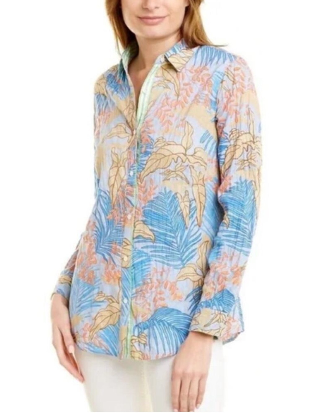 J. McLaughlin Lois Blue  Tropical Palm Print  Button Up Shirt Resort Lux Cruise